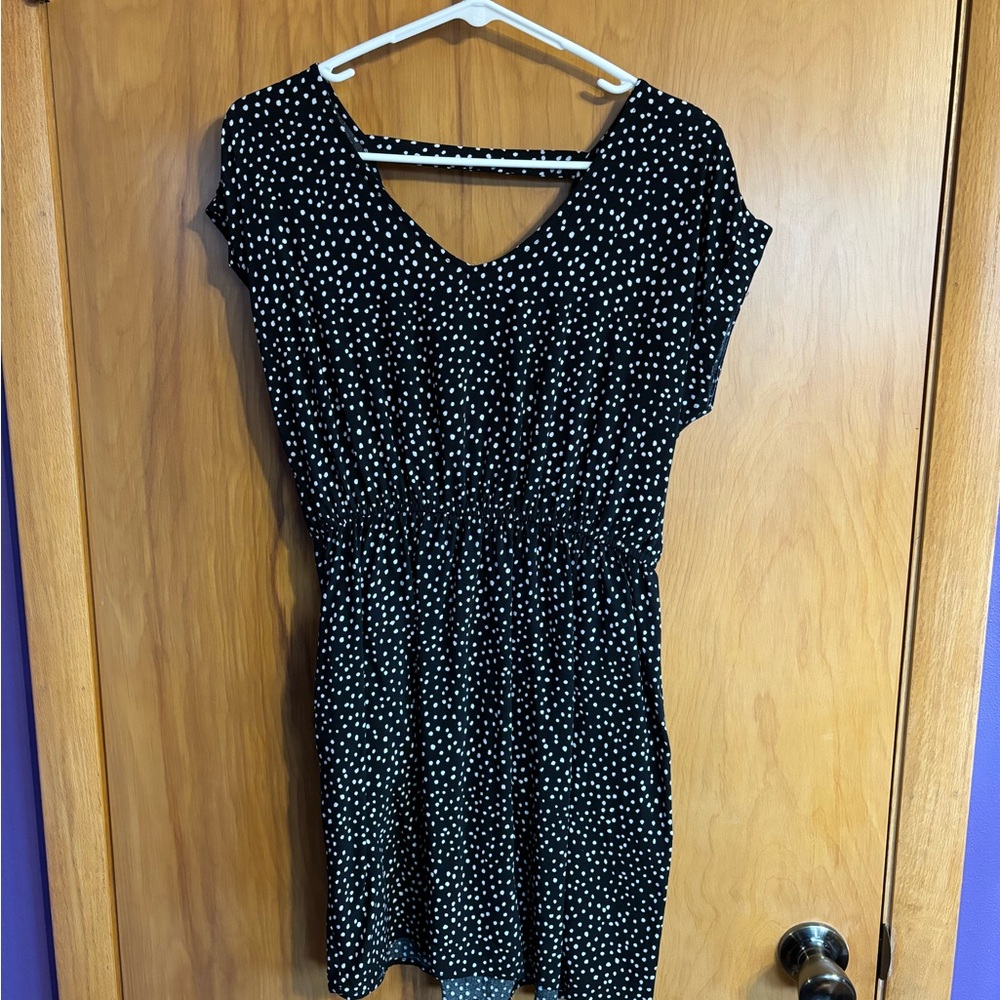 Pink Rose Black Dress with White and Black Polkadots